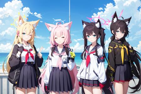 (masterpiece:1.2),best quality,PIXIV,blue archive,
multiple girls,halo,animal ears,4girls,gloves,school uniform,armband,long hair,red eyes,fox ears,pink hair,skirt,blue eyes,sailor collar,serafuku,green eyes,blonde hair,looking at viewer,black gloves,ahoge,brown hair,twintails,black hair,long sleeves,white serafuku,shiroko (blue archive),red neckerchief,very long hair,pleated skirt,hoshino (blue archive),black sailor collar,bangs,hair ornament,closed eyes,neckerchief,animal ear fluff,headset,
<lora:blue archive-000018:0.8>,