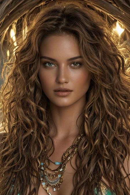 Akin to the bright, flawless complexions showcased in beauty and cosmetics ads, this high-key photograph, shot under challenging low light conditions using high ISO and a film-like aesthetic reminiscent of "Pirates of the Caribbean: The Mermaid's Treasure," reveals a stunning woman with a wild mane of pirates' life hair. This beachy cascade of waves is intricately braided with seashells and gold jewelry, each detail highlighted by the expert lighting despite the dark environment.