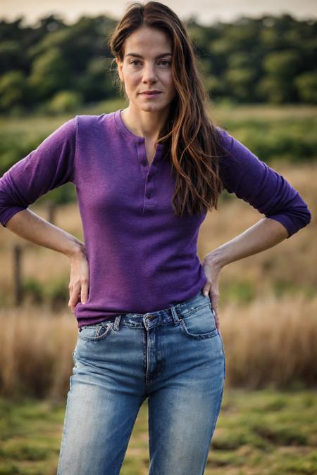 1girl, a woman in a purple henley shirt and tight jeans posing for a picture in a field, (depth of field), detailed face, (photorealistic, absurdres, best quality, masterpiece:1.4), (high detailed skin:1.3)
 <lora:michelle_monaghan_lora_v02:1> mich76