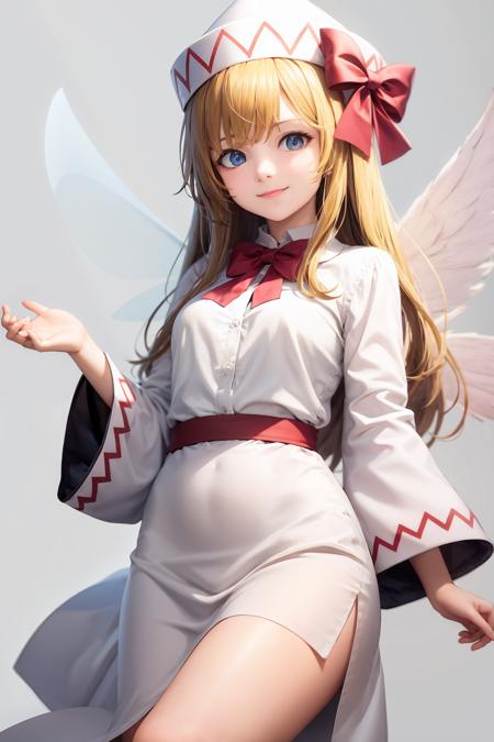 masterpiece, best quality, <lora:llw:1>,lily white, 1girl,hat,blonde hair,long hair,blue eyes,smile,bow,wide sleeves,white dress,wings,(grey background:1.2),(kbxll:0.6)