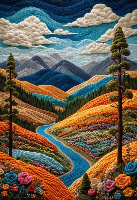 A breathtaking surreal landscape crafted entirely from colorful yarn and wool. Rolling hills are formed from intricately braided fibers, while towering trees have soft, knitted branches that sway gently in the wind. The sky is a mesmerizing tapestry of pastel threads, with fluffy, crocheted clouds floating overhead. Rivers appear as silky, intertwined strands of blue and silver, shimmering under a warm golden glow. Every detail, from tiny embroidered flowers to complex woven patterns on the mountains, is rich in texture, giving the scene an irresistibly cozy yet dreamlike quality. The lighting is soft and diffused, enhancing the warmth and depth of this textile paradise. ultra-realistic textile details, volumetric lighting, hyper-detailed, 8K, intricate patterns, yrnwrld