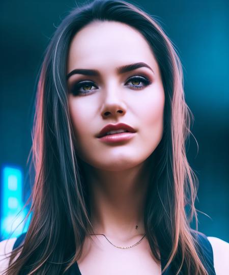 a woman, in casual dress, perfect lighting, portrait close up, looking at viewer <lora:ToriBlack:0.85>, (Cyberpunk), futuristic, neon, urban, dystopian