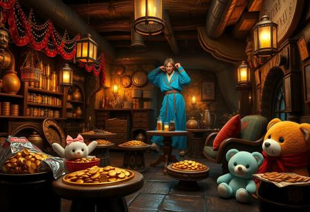 hyperdetailed ultra-detailed realistic,  
extremely detailed tavern with valuable food and fun,  with piles of gold coins and a lot of cute plushies, with glowing vibrant calm light, detailed dungeon fantasy environment, dark shot, rtx, at exotic dark florest background , High Definition HD, High Detail, Perfect Composition, dark fantasy movie, cowboy shot,