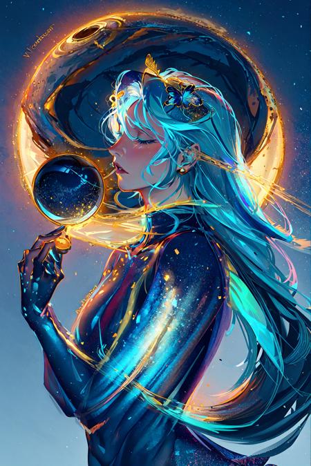 masterpiece, best quality, 1girl, aerial_fireworks, aqua_hair, astronaut, aurora, blue_butterfly, bug, butterfly, city_lights, constellation, crescent, crescent_moon, earth_\(planet\), fireworks, full_moon, galaxy, gloves, glowing, glowing_butterfly, light_particles, long_hair, milky_way, moon, moonlight, night, night_sky, planet, shooting_star, sky, snowing, solo, space, sparkle, star_\(sky\), star_\(symbol\), starry_background, starry_sky, starry_sky_print, tanabata, <lora:SM:1>