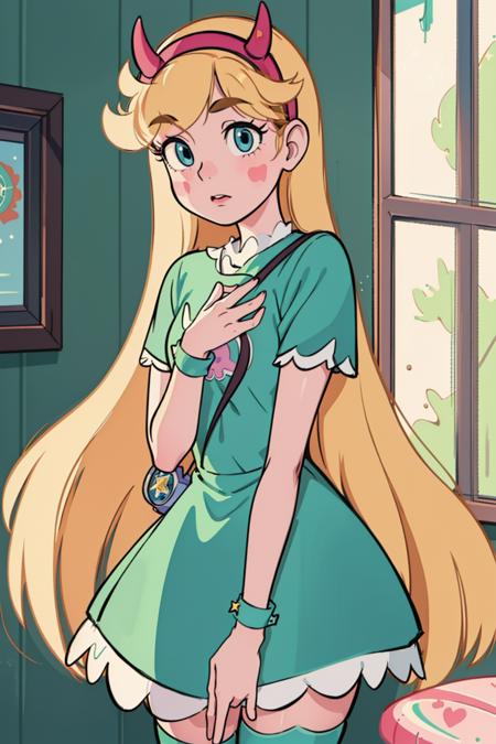 1girl, adult woman, (masterpiece, best quality, high resolution:1.4), star butterfly, horn hairband,green squid outfit, medium breasts,  <lora:StarButterfly_v1.1:1>