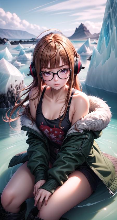 (masterpiece,intricate details),1girl,mature female,serious _face, BREAK futabasakura, <lora:futabasakuratest:1>, futaba sakura, orange hair, glasses, long hair, (purple eyes:1.1), ahoge, BREAK behind-the-head headphones, belt boots, black footwear, black thighhighs, cross-laced footwear, fur trim, fur-trimmed jacket, green jacket, headphones, jacket, knee boots, lace-up boots, off shoulder, off-shoulder shirt, shirt, t-shirt, thighhighs, thighhighs under boots| ((sit on the electric blue icebergs of Iceland's Jokulsarlon Glacier Lagoon, floating serenely in contrast to the black volcanic sand)),((cumulonimbus)),((upper body,portrait)),from above:1.3,depth of field,looking at viewer,