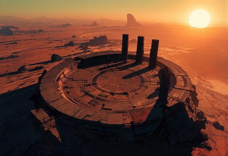 We are on Mars. Aerial view from a great height of a massive circular stone platform, several hundred meters in circumference, half-buried by the desert sands, evoking a spiritual and extraterrestrial site. In the distance, rocks and rocky spurs can be seen at regular intervals. The sun is setting, casting long shadows over the desert.
There are five sculpted megaliths, reminiscent of extraterrestrial obelisks. They are weathered by centuries of Martian storms. The scene is stunning, bathed in the warm glow of the Martian sunset, with a slight haze of dust in the air. The colors are predominantly blue and orange.