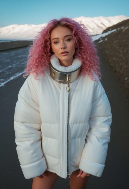 white Oversized shearling padded down jacket, white Oversized shearling padded puffer jacket, white Oversized shearling padded down coat, white Oversized shearling padded puffer coat, Oversized shearling padded winter clothes, very very cold, realistic, feet out of frame, standing, walking, 1girl, solo, masterpiece, illustration, beautiful detailed sky, beautiful-detailed eyes, eyeliner, eyelashes, arrogant, half-closed eyes, condescending look, condescending satisfied look, condescending light smile, seductive look, lookng at viewer, cinematic light, ultra detailed, disheveled hair, pink hair, long hair, light blue eyes, curly hair, pink choker, bracelet, wet, day, sky, sunlight, (pressure cuffs:1.8), (pressure collar:1.8), (Thick padded cuffs:1.4), (Thick padded collar:1.4), <lora:Collar-SDXL:0.75>, <lora:Cuffs-SDXL:0.75>, <lora:fashion_lora:0.6>