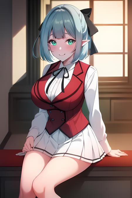 ((masterpiece, best quality)),1girl,(green_eyes)BREAK, lack_skirt, blue_hair, (black bow), cowboy_shot, long_sleeves, looking_at_viewer, pleated_skirt, pointy_ears,(red_vest:1.2)BREAK,ribbon, school_uniform, shirt, short_hair, skirt, smile, solo,white_shirt smile, solo,,extremely detailed CG unity 8k wallpaper, perfect lighting,Colorful, Bright_Front_face_Lighting,White skin, (masterpiece:1.0),(best_quality:1.0), ultra high res,4K,ultra-detailed, photography, 8K, HDR, highres, absurdres:1.2, Kodak portra 400, film grain, blurry background, bokeh:1.2, lens flare, (vibrant_color:1.2),professional photograph,Beautiful,medium_Breasts, (beautiful_face:1.5),(narrow_waist),Beautiful Finger,Beautiful long legs,Beautiful body,Beautiful Nose,Beautiful character design, perfect face,perfect balance,