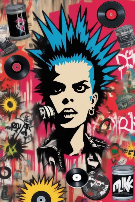 <lora:Punk Collage:1>Punk Collage - graffiti style iconic punk elements, such as spiked bracelets, vinyl records, and spray-paint cans, arranged in a visually engaging and informative way