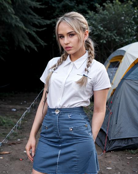 cinematic photo  <lora:quiron_AleskaDiamond_v2_lora:0.77> AleskaDiamondQuiron woman wearing Chambray collared shirt worn untucked with a denim flared skirt and white sneakers., barbed wire encampment, makeshift defenses, wary survivors, constant vigilance, . 35mm photograph, film, bokeh, professional, 4k, highly detailed