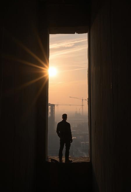 A fleeting sunrise glimpsed from inside a stark, concrete dystopian building, where the viewer stands behind a narrow, cracked window. For just a second, the sun’s golden-orange rays pierce through the gloom, casting a warm glow across the cold, gray walls and rusted metal beams. Outside, a hazy, industrial skyline looms with jagged, crumbling structures under a sky streaked with faint pink and purple hues. The brief sunlight illuminates dust particles in the air, creating a momentary contrast between the harsh interior and the distant, fleeting beauty of the sunrise, before shadows reclaim the scene.