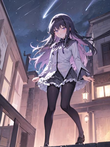 high contrast, Homura Akemi, (walking through a city alleyway), flat chest, extremely detailed textures, scowling, pouting, looking down on the viewer, (detailed shiny_anime_style_eyes) <lora:HomuraAkemi:1> BREAK detailed night sky, stars, (night:1.4), windy, aesthetic, intricate, sharp focus, aesthetic, intricate, best quality, extremely detailed, starry sky, 1girl, solo, from below,