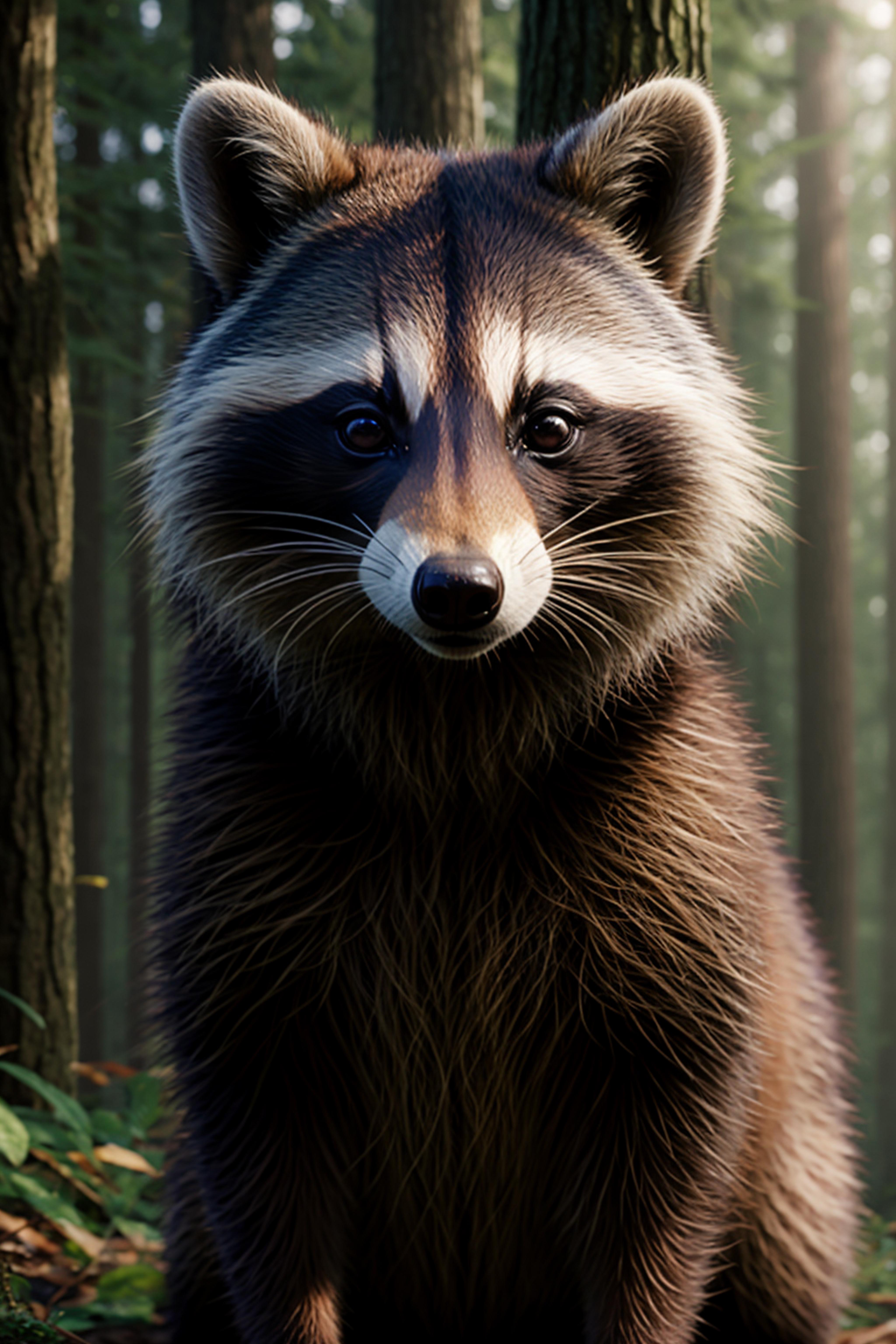 A close-up of a raccoon's face in a forest setting.