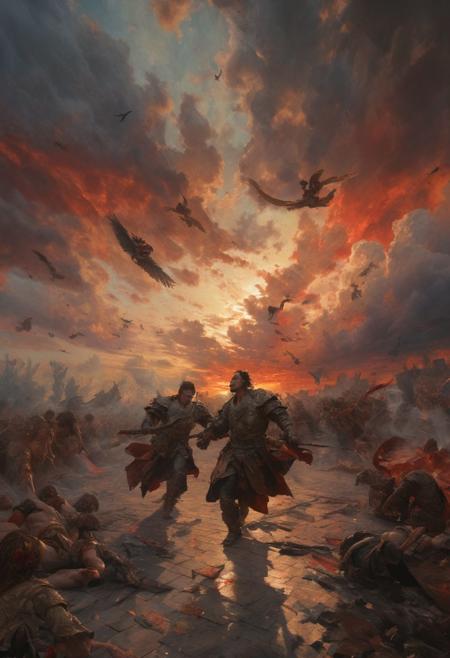 The battle between The Good (angels) and the Evil (demons), heaven clouds background, sunset, top lights, masterful painting in the style of Anders Zorn | Marco Mazzoni | Yuri Ivanovich, Todd McFarlane, oil on canvas