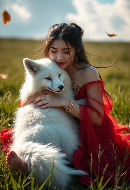 (Soft Lighting Photography by Mimoza Veliu and Mario Giacomelli:1.2), NSFW, 1 beautiful girl, hugging a white fox, in ancient Royal Chinese dress, barefoot, red sheer, (see through), gold armlet, jewelries, laying down, field, dutch angle, sunlight, wind, flying leaves, meadow, high green grass field, clouds, sexy,