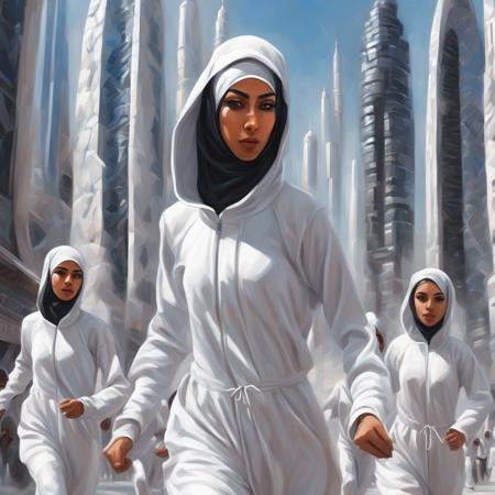 Clair-obscur, digital painting, oil painting, ((detailed portrait)),  ((very detailed portrait)), class of 20 8-year-old arab girls in white arabic cyber-onesie running, practicing tai chi, in front of futuristic turkish moroccan skyscrapers made from white marble and black stone, "traditional 15th century arab architecture" and cyberpunk and spacepunk, in gorgeous french japanese jungle garden park oasis with purple and pink alien plants, in spacepunk atompunk cyberpunk dubai "abu dabi" coruscant with lots of LCD screens and neon, white armoured military desert buggies with arab decoration, in the style of arcane and fernanda suarez pascal blanche and Hermann Stenner and simon stalenhag and Gustavé Doré and alex grey and alphonse mucha and nekro and josan gonzalez and dishonored and bioshock and simon stalenhag and rembrandt and Roger Ballen and Yousuf Karsh and HR Giger and Dariusz Zawadzki and John Jude Palencar and David Cronenberg and Liam Wong and Zdzislaw Beksinski and Luis Buñuel and Takashi Miike and David Lynch and Luis Royo and jakub rozalski and Ilya Kuvshinov and Wlop and Artgerm, trending on artstation, featured on pixiv, dynamic lighting, hyper detailed, octane render, 8k