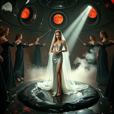 high-society elegant slender norvegian  rich   innocent young bride wearing   glossy silver high heels and glossy transparent slime  high slit wedding gown with matching long veil. She posing  in center of the floor hole, filled with glossy black slime, surrounded by arrogant ladies wearing elegant black gowns and high heels, pulling her toward  giant slime covered glossy red foil breeding  pillow, eerie fog that wafts up from the fleshy jelly floor, encased in light beam from the chamber celling, awaiting her alien master, strugging to break free and escape, glossy live wet-look jelly walls, whorish breeding chamber, colossus observation portholes to outer space full of stars, bright red moon, vintage-inspired makeup, long hairs, ultra thin waist, evil grin, porcelain skin, lipstick, red nails, in the style of a haunting, retro-futuristic 1950s sci-fi nightmare, horror, alien space base,