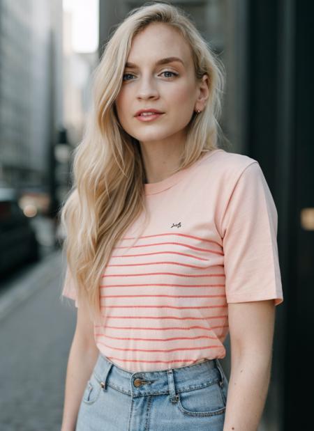 portrait photography, red striped tee, London background, soft colors, bokeh, (high detailed skin:1.1)
 <lora:emily_kinney_lora_v01:1> 3mk1n1