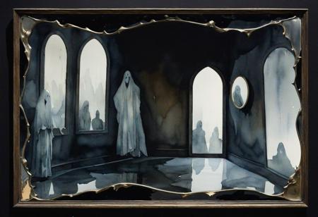 style of Farel Dalrymple, a watercolor still life of a tarnished mirror reflecting distorted images of ghostly figures and shadowy shapes, their features blurred and indistinct as they fade into the darkness, hinting at the presence of unseen forces lurking just beyond the frame.