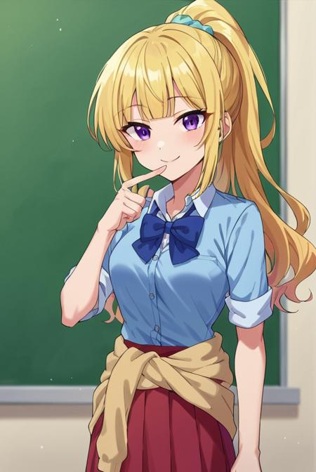 kei karuizawa, long hair, bangs, blunt bangs, purple eyes, blonde hair, shirt, hair ornament, ponytail, scrunchie, blue scrunchie, smile, skirt, shirt, bow, school uniform, jacket, red jacket, pleated skirt, bowtie, sweater, blue bow, blue shirt, skirt, red skirt, pleated skirt, shirt, bow, school uniform, blue shirt, bowtie, blue bow, clothes around waist, sleeves rolled up, clothes around waist, jacket around waist, sweater around waist,