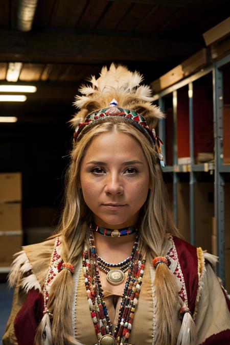 native american costume ,  storage room , dusk  <lora:Sarah_Jane_Honeywell:1> masterpiece,best quality, detailed face, 1girl, solo, sj1873h, blonde_hair