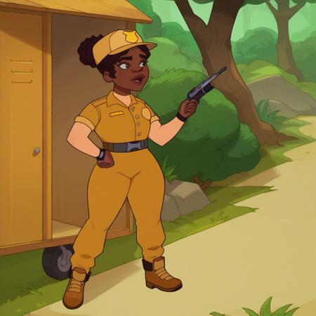 Kennedy  Dark Skin, Brown hair, Dark-skinned female. very dark skin School Uniform  Shirt,green necktie,green skirt Park-Ranger Outfit