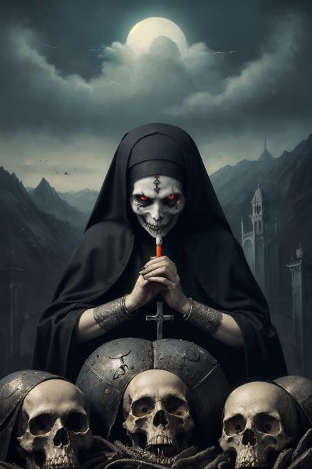 close up of amused [undead] nun sitting on a heap of skulls. ominous shapes in sky. wristbands and rings and henna. imposing valley in background. (glowing eyes). painting by ((dariusz zawadzki)) and zdzislaw beksinski, highly detailed, natural colors, raw photo