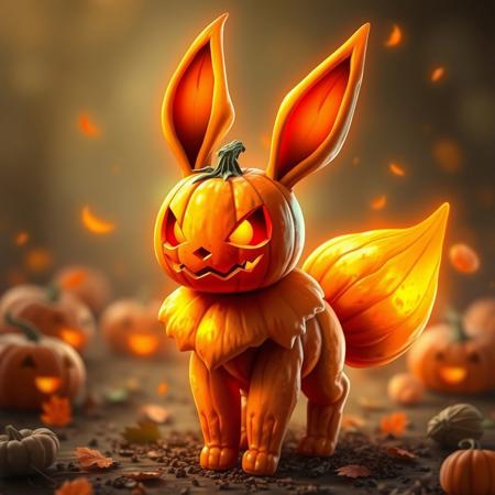 Digital fantasy art of an eevee made out of pumpkins, with a jack-o-lantern head.