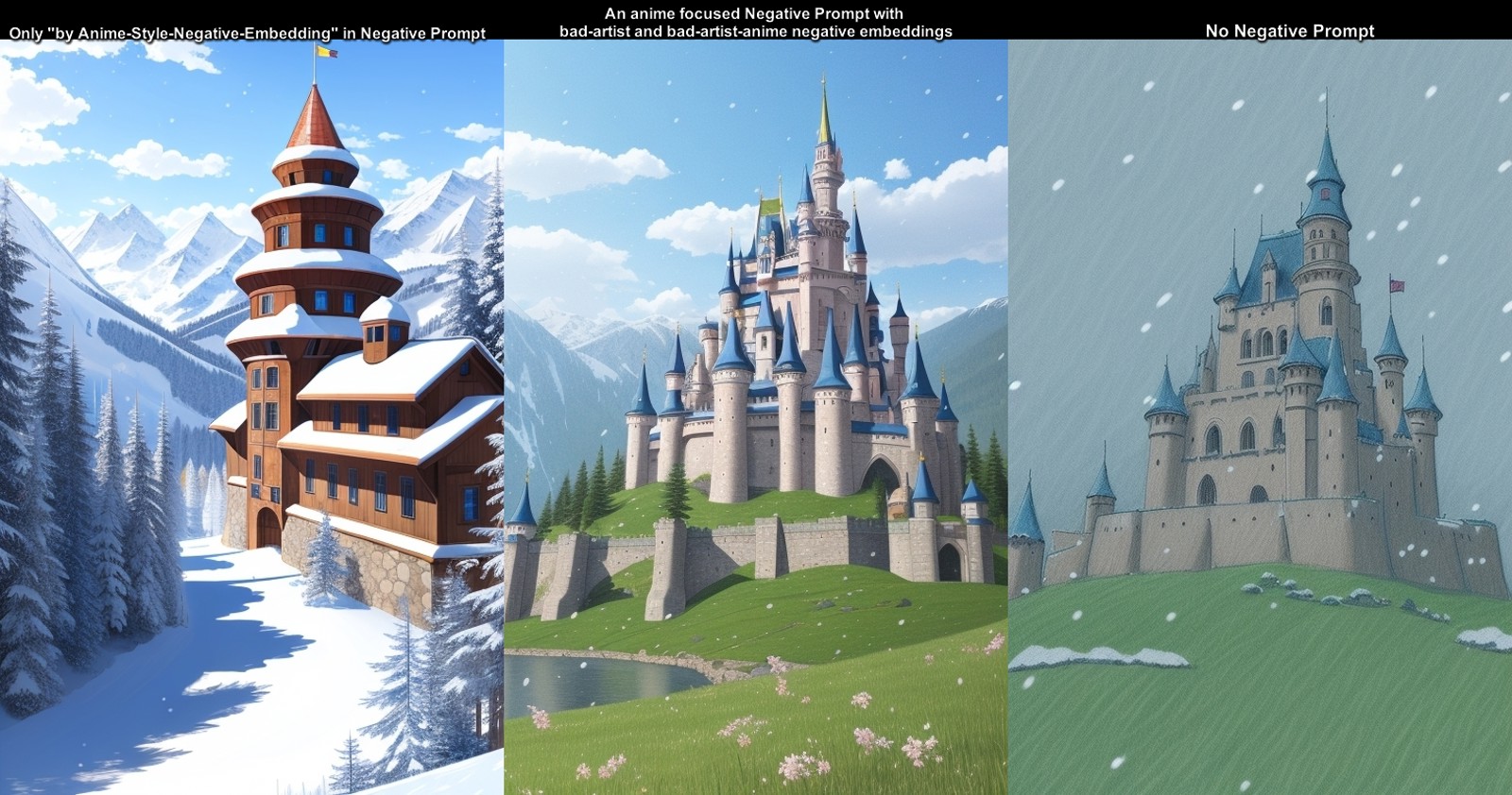 anime screencap style simple drawing of an anime medieval castle, snow falling, grass hills, absurdres 2D