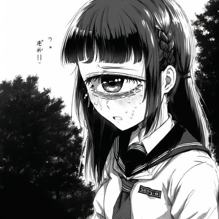 <lora:cyclops_retro_ham_avas_jun_rifl-08-02:1>,

cyclop, 

 1girl, alternate costume, bangs, blunt bangs, braid, comic, crying, crying with eyes open, monochrome, school uniform, serafuku, solo, tears