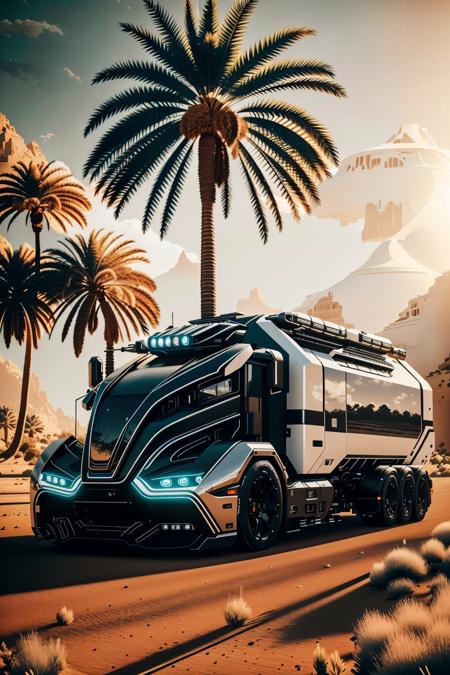 <lora:futruk_v2:1>
masterpiece, highly detailed photorealistic 8k raw photo, best cinematic quality, volumetric lighting and shadows
futruk, ground vehicle, monochrome, motor vehicle, outdoors, palm tree, scenery, truck, window, futuristic science fiction
(__All/backcground__ background:1.2)