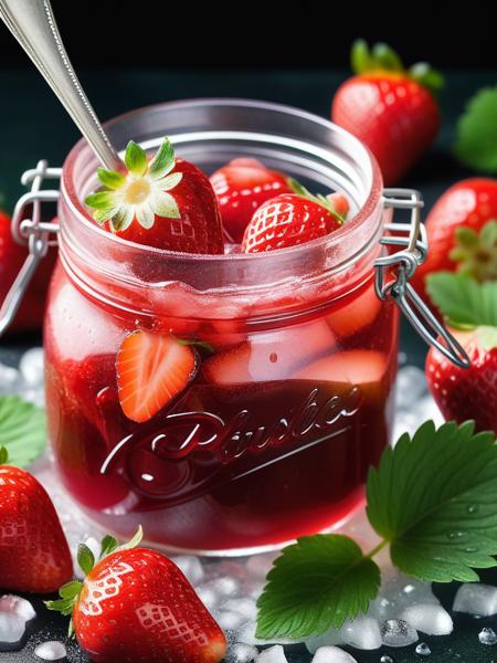 <lora:06NatureArt_Hap_XL:3.9>, Albert Bierstadt style, A close-up of the strawberries in the pink strawberry jam, with ice cubes and green leaves scattered on top. The color is bright red and very attractive. It's very realistic, and you can see all kinds of fresh fruits inside the jar. There was an overall texture of water droplets and drops on it. This scene gives people a relaxed feeling, as if they were sitting in the style of to enjoy the delicious taste of fruit sauce.,