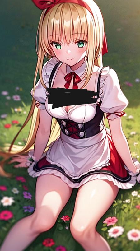 1girl, solo,asanmsts, blonde hair, bow,  breasts,, red ribbon, green eyes, short sleeves, puffy sleeves, long hair, dress, cleavage, red hair bow, apron, wrist cuffs, bangs, hairband, puffy short sleeves, black skirt,