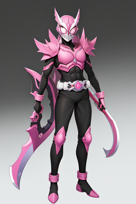 full body, solo, (Pink armor:1.2), black bodysuit, (Pink eyes:1.2), (bow /(weapon/):1.2), (holding bow /(weapon/):1.2), helmet, tokusatsu, belt