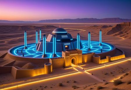 Physical characteristics of the fortress:
Massive walls built of metal and glass with reinforced edges and neon lights.
Grand arches and domes decorated with intricate geometric ornaments and LED lighting that glow in bright neon colors.
The entrance gates are made of black metal etched with high-tech engravings and runic symbols lit up with neon.
Towers with light panels that broadcast information and holographic displays showing various visuals and messages.
Cameras and high-tech sensors located on walls and towers for surveillance and security.
Background and Environment:
The desert landscape is illuminated by bright neon lighting, creating a dramatic contrast between the ancient sand dunes and the modern architecture of the fort.
A small oasis can be seen in the distance with modern water harvesting facilities and high-tech wind turbines.
The sky is covered with stars and neon lights from drones and flying vehicles that patrol the fortress.
Atmosphere:
Bright neon lighting effects that highlight the details of the fortress and create a futuristic and technological atmosphere.
Muted neon colors that are reflected in the desert landscape, creating a visual contrast between the modern and the traditional.
Dramatic sunset light that adds depth and realism to the image.
Surveillance drones and flying vehicles patrolling the area around the fortress.
Sand texture that reflects light from neon lighting, creating visual contrast and dynamics.
