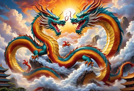 (masterpiece, majestic, awe-inspiring:1.3), an epic depiction of (Chinese dragons:1.2) soaring through the skies, evoking a sense of awe and wonder. Imagine a pair of dragons, their (scales gleaming:1.2) in the sunlight, twisting and turning in a synchronized dance that symbolizes power and grace. Each dragon is adorned with (intricate patterns:1.2) and (vibrant colors:1.2), their serpentine bodies undulating in a mesmerizing display of strength and elegance. The backdrop features a (dramatic sky:1.2) filled with (billowing clouds:1.2) and a hint of (celestial light:1.2), enhancing the mythical aura of the scene. The dragons' (fiery breath:1.2) adds a dynamic element to the composition, casting a warm glow that illuminates their path. This artwork captures the essence of Chinese dragon mythology, inviting viewers to marvel at these celestial guardians as they traverse the heavens with a sense of majesty and grandeur that inspires reverence and admiration.
