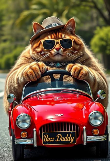 "A gargantuan feline, its obese body a majestic, velvety sprawl, squeezed behind the wheel of a toy-like roadster, its bright, fire-engine red paint job gleaming like a ruby in the sunlight. The cat's pimp-like finery - a gleaming, diamond-encrusted collar, a fedora clamped rakishly over one ear, and a pair of oversized, rhinestone-studded sunglasses - seemed to gleam with an air of absurd, feline swagger. As it grasped the steering wheel, its enormous paws, like giant, furry mittens, engulfed the tiny circumference, its claws drumming out a staccato beat on the dashboard as it navigated the road with a look of absurd, delighted concentration. The front license plate, a tiny, chrome-plated rectangle, read "Buzz Daddy" in bold, golden script, as if proclaiming to the world the cat's status as lord of the road. The cat's face, a map of joyful, whiskered creases, was etched by a wide, cheerful smile, its whiskers twitching with pleasure as it cruised down the highway, its massive, rolling bulk threatening to engulf the tiny car at any moment, yet somehow, impossibly, staying contained within its miniature confines." highest-Quality, intricate details, visually stunning, Masterpiece