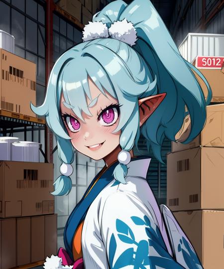 Ao,teal hair,pink eyes,pointy ears,ponytail,
white kimono,evil smile,
upper body,standing,
warehouse,boxes,
(insanely detailed, beautiful detailed face, masterpiece, beautiful detailed eyes, best quality),<lora:Ao-10D7:0.8>,