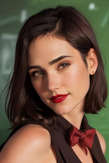 photo of a woman, jenniferc, ((dark brown hair)), ((shirt, bowtie, short hair):1.1), ((closeup, portrait)),((classroom, chalkboard)), ((red lipstick, makeup)), (smile), ((best quality, masterpiece, extreme details, high resolution):1.2),((detailed eyes, beautiful eyes, detailed face, beautiful face):1.2)