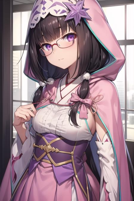 osakabehime, <lyco:osakabehime-lyco-nochekaiser:1>, 
osakabehime, black hair, gradient hair, long hair, low twintails, multicolored hair, (purple eyes:1.1), twintails, glasses, pink-framed eyewear,
BREAK cape, detached sleeves, hood, hood up, hooded cape, obi, yes, pink skirt, sandals, sash, skirt, tabi, white legwear, pink hood, pink cape,
BREAK looking at viewer,
BREAK indoors,
BREAK <lyco:GoodHands-beta2:1>, (masterpiece:1.2), best quality, high resolution, unity 8k wallpaper, (illustration:0.8), (beautiful detailed eyes:1.6), extremely detailed face, perfect lighting, extremely detailed CG, (perfect hands, perfect anatomy),