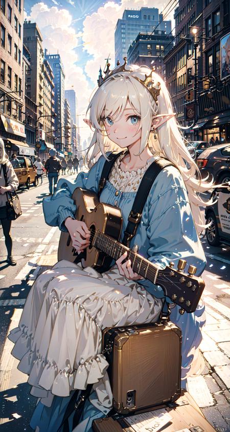 polaroid photo, masterpiece, best quality, 1girl, the cloud elf queen busks on the streets of new york, casual, sitting, playing guitar, film grain, soft lighting, smile