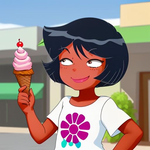 <lora:TotallySpies-16:0.8>, 1girl, toddler, 4yo little girl, preschool, holding an ice cream cone, smiling, blushing, shy,...