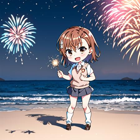 masterpiece, best quality, <lora:PCR:0.3>, pcr, chibi,, new_misaka_mikoto,1girl,solo,misaka mikoto,brown hair,brown eyes,white flower hair ornament,short hair, small breasts, bangs,hair between eyes,collarbone,tokiwadai school uniform,pleated skirt,white v-neck collared dress shirt, short sleeves, grey miniskirt, brown sweater vest,white short shorts under skirt,brown loafers,white loose socks, <lora:neu_misaka:1>, full body, outdoor,night, :d, ocean, fireworks,