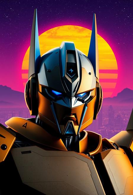 Pointy helmet, cone-shaped helmet, gold and blue transformer, decepticon, villain pose, photograph with a purple sky, cosmic stars, an orange and blue synthwave sun background. Slightly turned.  Ultra-detailed. Hyper-realistic. Metal city landscape