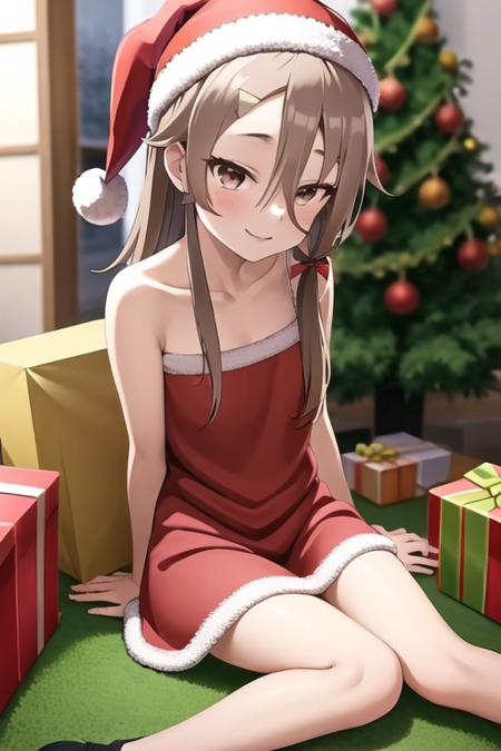 masterpiece, best quality, <lora:mikage_sakurako:0.7> mikage_sakurako, 1girl, solo, brown eyes, brown hair, long hair, hair between eyes, hair ribbon, hairclip, long hair, smile, santa hat, santa dress, bare shoulders, christmas tree, indoors, sitting, on ground,