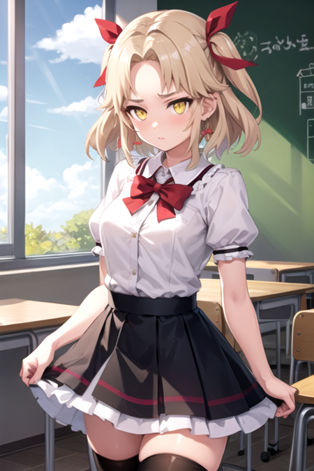 <lora:11Dio-01:0.7>,dioptd, 1girl, solo, looking at viewer, short hair, skirt, blonde hair, shirt, thighhighs, bow, ribbon, school uniform, yellow eyes, white shirt, short sleeves, hair bow, frills, sky, puffy sleeves, black thighhighs, indoors, zettai ryouiki, window, frilled skirt, cherry blossoms, desk, classroom, school desk