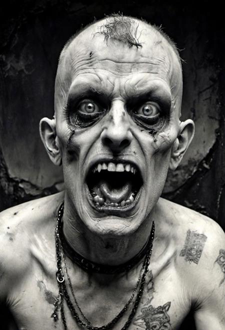 the male fool, opened mouth, skinhead,  zombie white eyes, grotesque environment, apocalyptic background, extremely beautiful, grunge black and white photography style, hyper-realistic, natural,  by Joel Peter Witkin