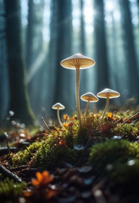 Delve into the enchanting microcosm of "Plants and Fungi" as you explore the delicate beauty of Mycena fungi, . This macro shot reveals the intricate details of the tiny fungi, showcasing their fragile stems and delicate caps with crystal-clear precision. In the foreground, soft flowers add an extra layer of natural charm, their petals framing the fungi like nature's own artwork. Set against a backdrop of the forest floor, the fungi and flowers stand out in sharp focus, while the surrounding environment melts away into the most exquisite bokeh. Small, twinkling bokeh lights in the background, like tiny orbs of magic, create a dreamlike atmosphere that highlights the ethereal beauty of the scene. (geautiful dew on top of fungi and on the ground),This mesmerizing image, shot with a Canon EOS R5 paired with a Canon RF 100mm f/2.8L Macro IS USM lens, captures every fine detail and subtle texture with stunning clarity. Immerse yourself in the hidden wonders of the natural world, where the interplay of light and shadow, combined with the finest bokeh and the charm of foreground flowers, elevates the humble Mycena fungi to a work of art., (dark shot), (deep darks), (deep shadows), (muted highlights), (vibrant colors), (dramatic shadows), insane details, (high quality), (ultra detail), (high resolution), (masterpiece), (complex and beautiful), (exquisitely beautiful), , cinematic, (gorgeous), insane details, 8K, UHD, (brilliant composition)  <lora:add-detail-xl:1.25>  <lora:glowneon_xl_v1:0.65>  <lora:M05_Intensify:1>