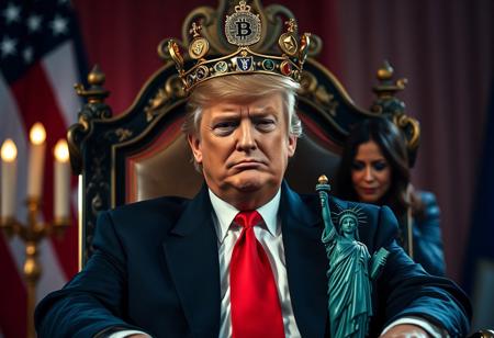 Donald Trump as the King of the USA: Donald Trump sits on a throne, proudly wearing a crown adorned with cryptocurrency symbols (Bitcoin, Ethereum, Dogecoin) instead of traditional jewels. His expression is fierce and triumphant, a smirk playing on his lips, embodying the power of a self-declared “King of the USA.”
Tagline: “The King is Back: A New Reign Begins.”
Kamala Harris in the Background: Positioned more prominently in the background, Kamala Harris stands in clear view, tears visible as she gazes downward, conveying a sense of sorrow or defeat. She’s supported by a small Statue of Liberty figure that tugs on her gently, as if to encourage her forward or console her in her despair.
Visual Details: Shot with Panavision Cine Prime lenses, with high-quality color correction that enhances both realism and contrast in a docufiction style. The scene is vivid yet atmospheric, with rich colors and textures that highlight Trump’s imposing presence while emphasizing Harris’s emotional expression and the subtle symbolism in the Statue of Liberty’s supportive gesture.